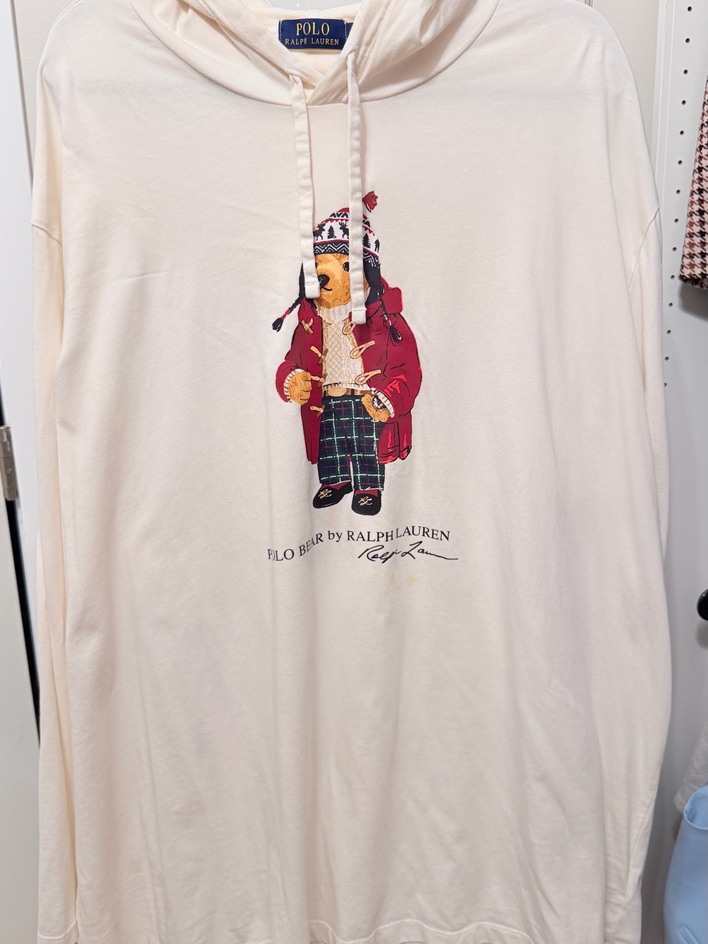 Ralph Lauren Cream Hoodie with Polo Bear Graphic in Red and Green
